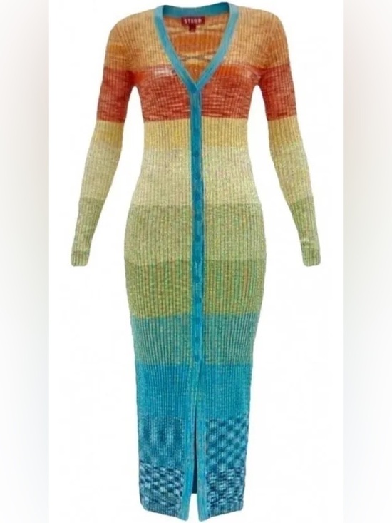 STAUD Dresses & Skirts - STAUD Multicolor Shoko Striped Knit Blue & Orange Accents Maxi Sweater Dress M